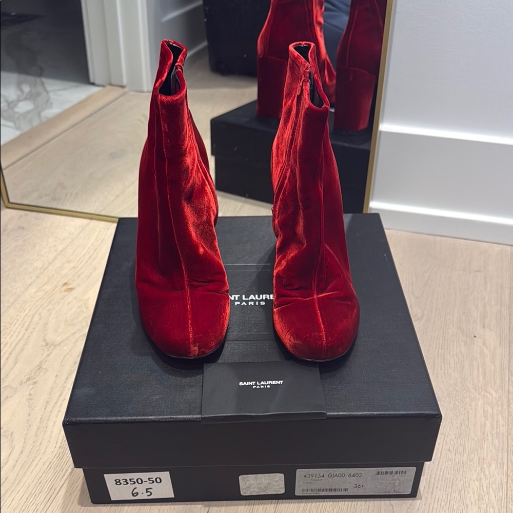 Saint Laurent Red Heeled Boots Velvet - 6.5
